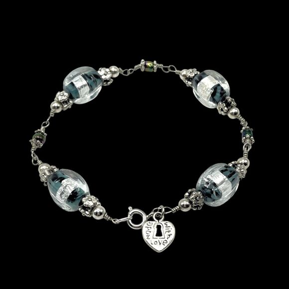 Lampwork Glass Foil Bead Bracelet Silver Tone Green Linked Handmade Boho Art - Picture 1 of 7